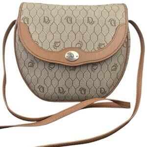 Authentic Christian Dior Vintage Honeycomb Monogram Crossbody Bag Beige Brown
